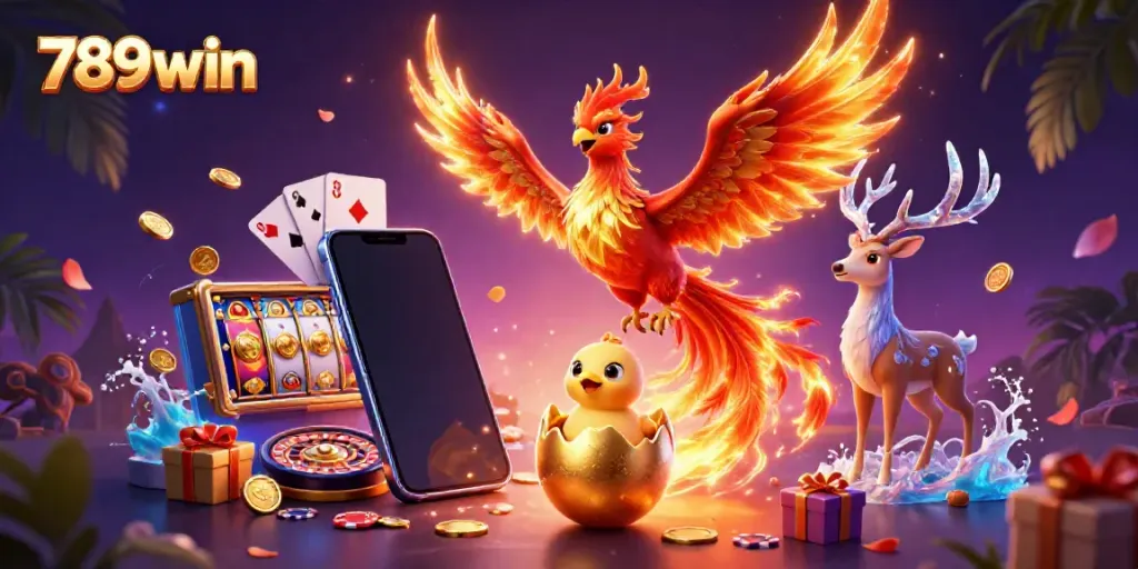 Experience the thrill of slots at 789win with vibrant characters and casino elements.