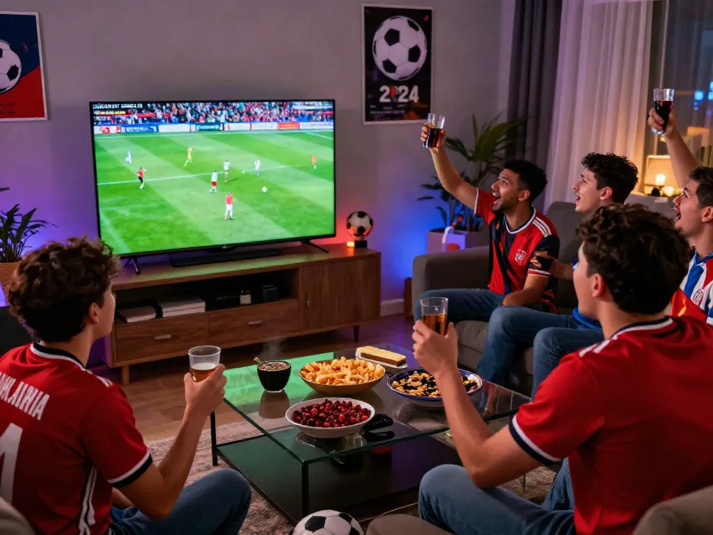 Excited fans gathered in front of the TV watching football on https://socolivekz.uk in vibrant 4K resolution.