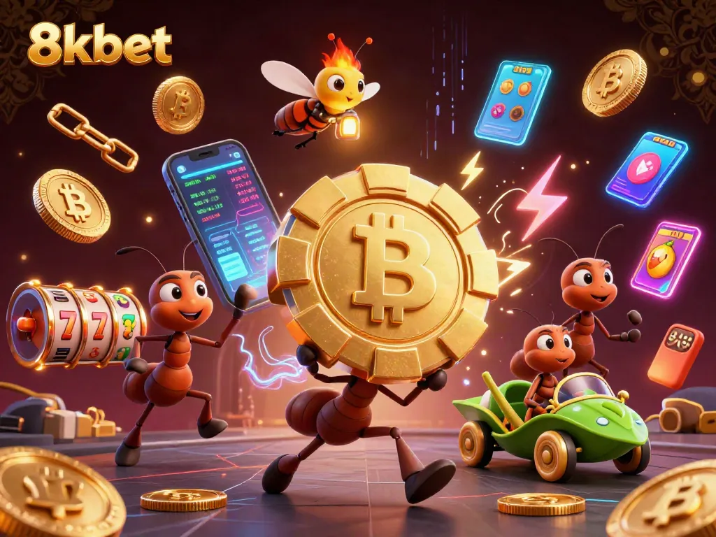8xbet gaming scene with animated ants heisting a giant poker chip amidst neon crypto elements.