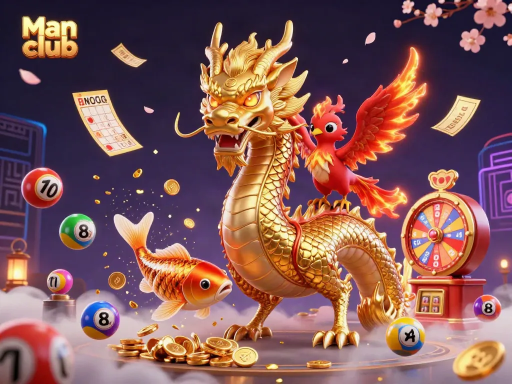 Experience thrilling wins with Man club illustration showcasing casino elements and mythical creatures.