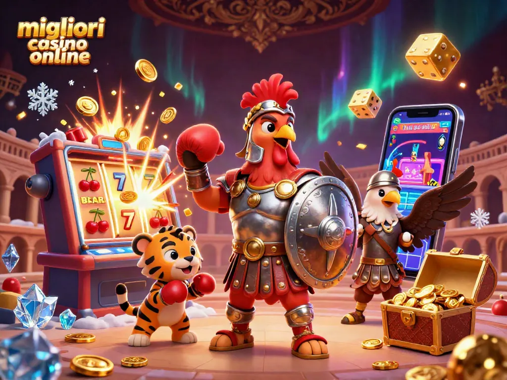 Migliori casino online: Gioca con emozionanti simboli e vincite in un'illustrazione animata vivace.