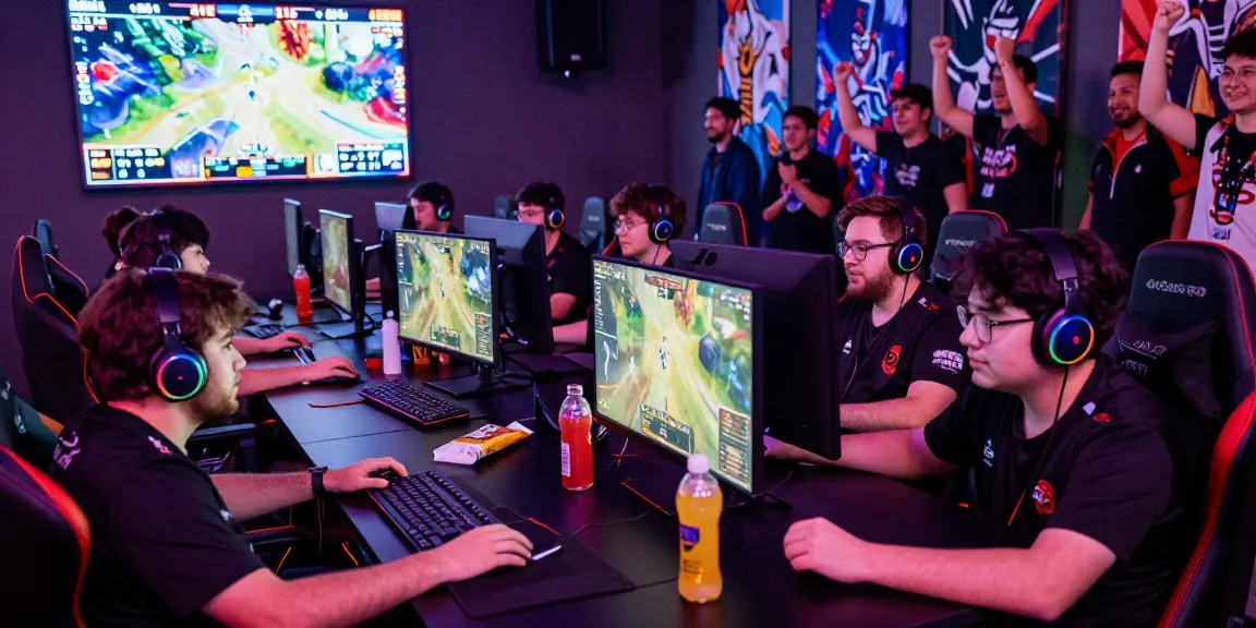 Vibrant gaming community at PROOFCORE.IO esports event, gamers focused on competitive play with immersive RGB lighting.