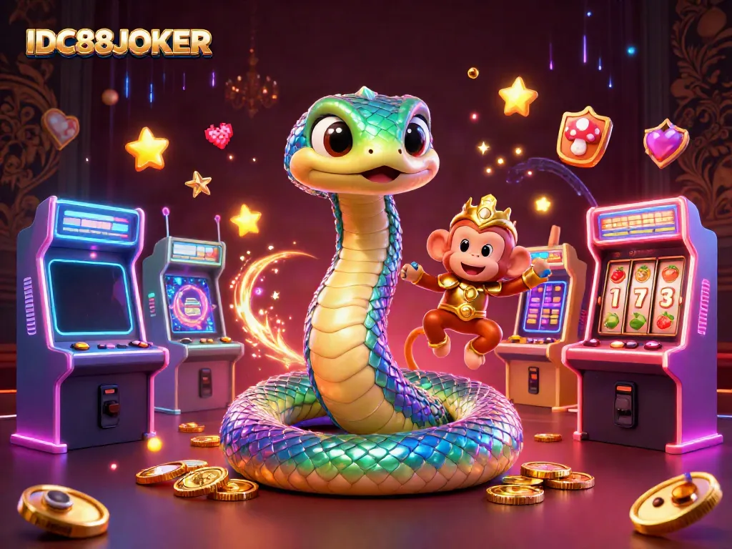 Experience the thrilling world of IDC88JOKER featuring a vibrant scene with a rainbow serpent and monkey king among colorful casino games.