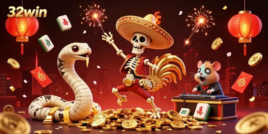 Experience thrilling moments at 32win with a vibrant 3D illustration showcasing a lively casino scene filled with excitement.