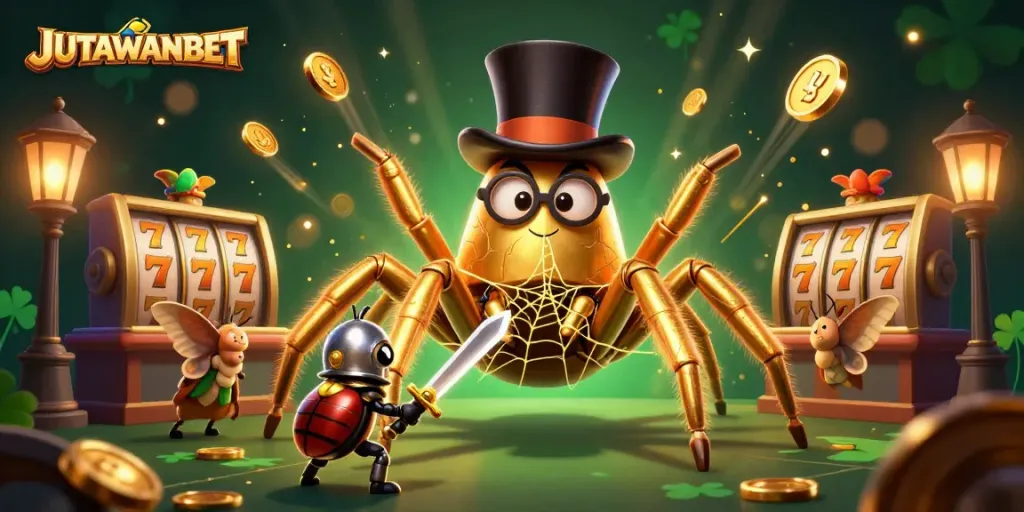 Experience thrilling slot wins with JUTAWANBET's golden tarantula and knight in a dynamic casino showdown.