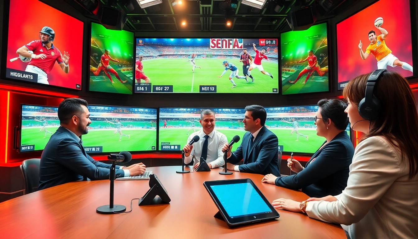Engaging scene of Sports Broadcasting studio with hosts and live event displays.