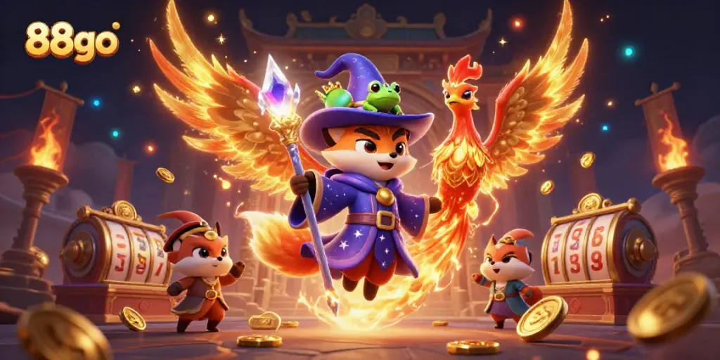 Experience vibrant gameplay with 88go's mystical wizard and phoenix in an enchanting casino atmosphere.