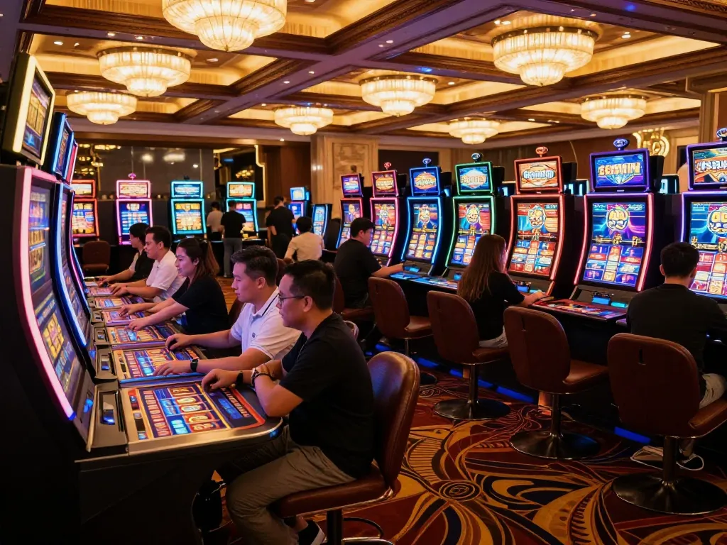 Players enjoying the excitement of slot machines at 98win casino, vibrant lights creating a lively atmosphere