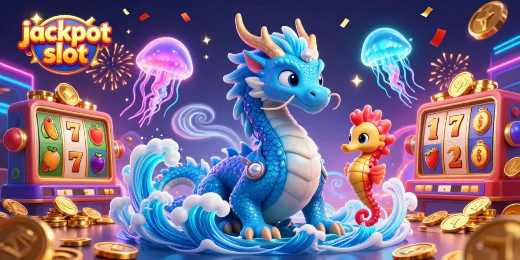 Experience the thrill of jackpot slot with an azure dragon and casino elements alive with color and energy.