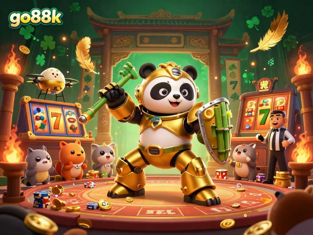 Experience thrilling adventures at go88k, with cartoon pandas in a vibrant casino arena.