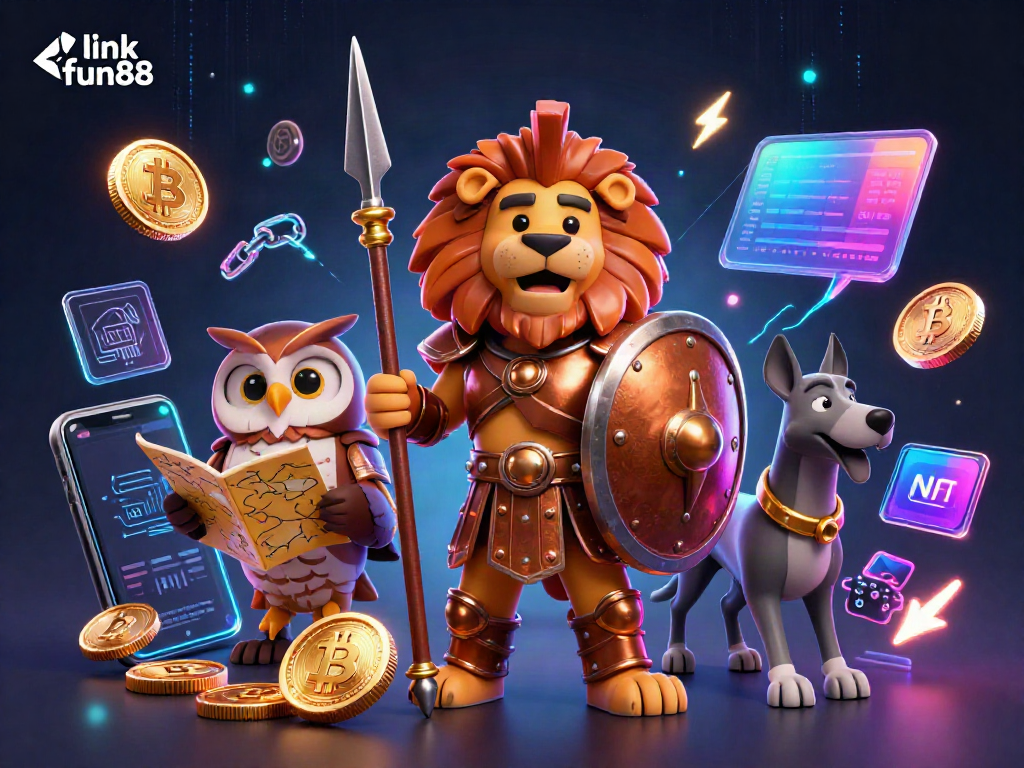 Experience the thrill of link fun88 with a dynamic casino-themed 3D scene featuring a Spartan lion, an owl strategist, and a greyhound messenger.