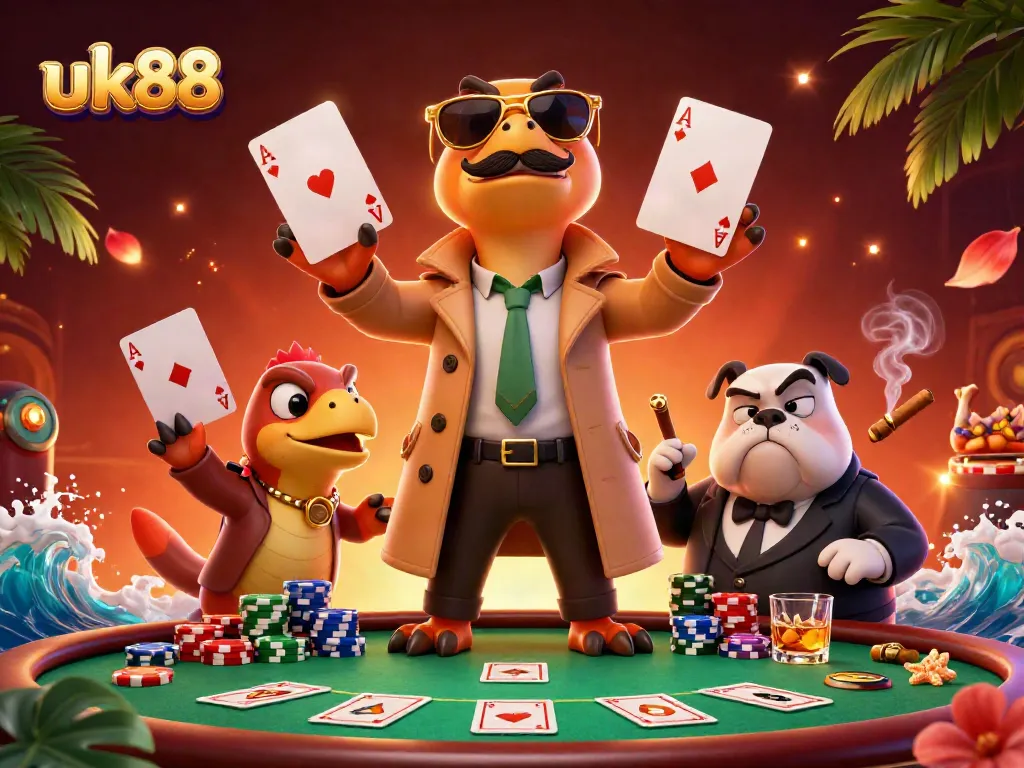 Exciting raptors in a trench coat entering a VIP casino at uk88 with vibrant poker elements.