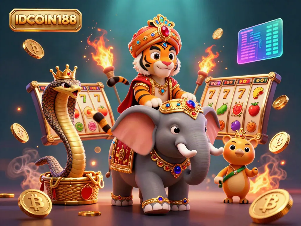 IDCOIN188 offers an exciting view of a vibrant casino scene with a majestic tiger and enchanting gaming elements.