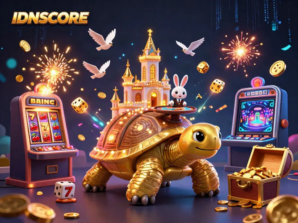 IDNSCORE engages players with thrilling slot machines and vibrant casino elements in a whimsical scene.
