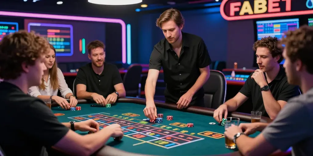 FABET live casino scene showcasing an engaging dealer game with excited players.