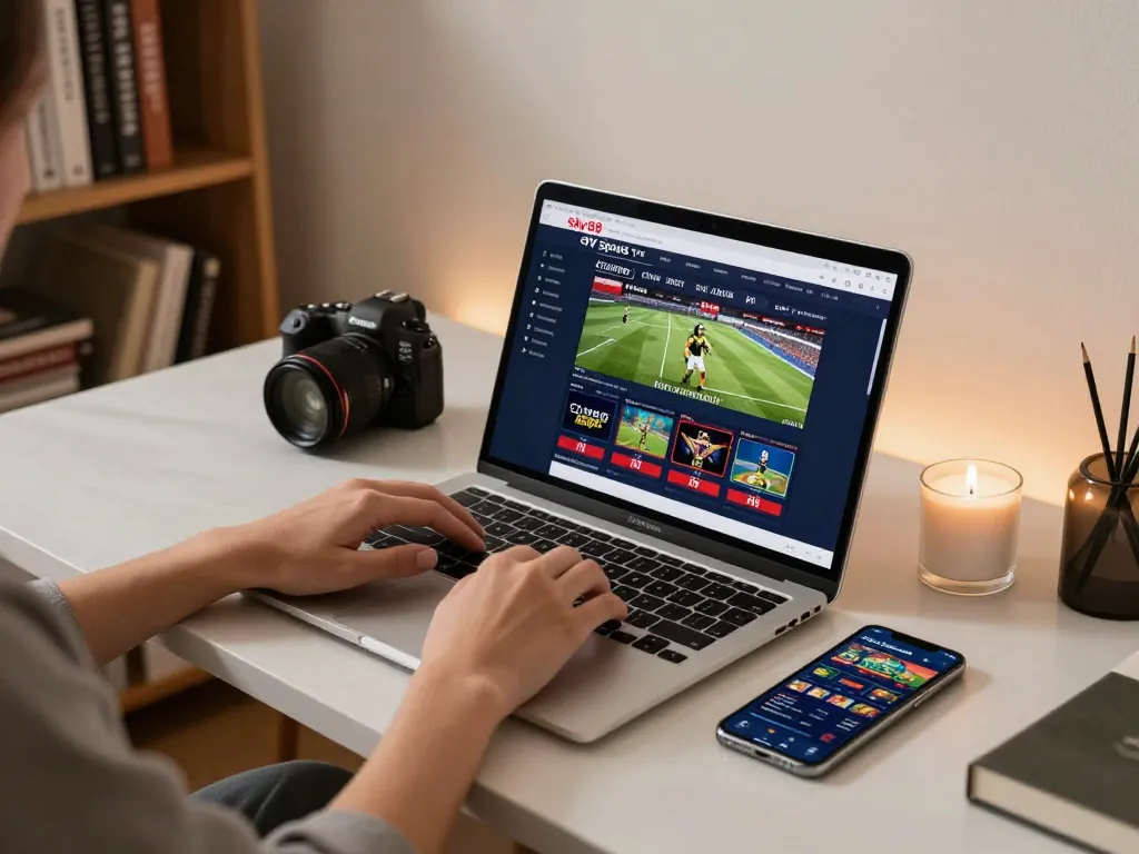 Placing strategic bets on sky88 tv in a luxurious online gaming setup with laptop.