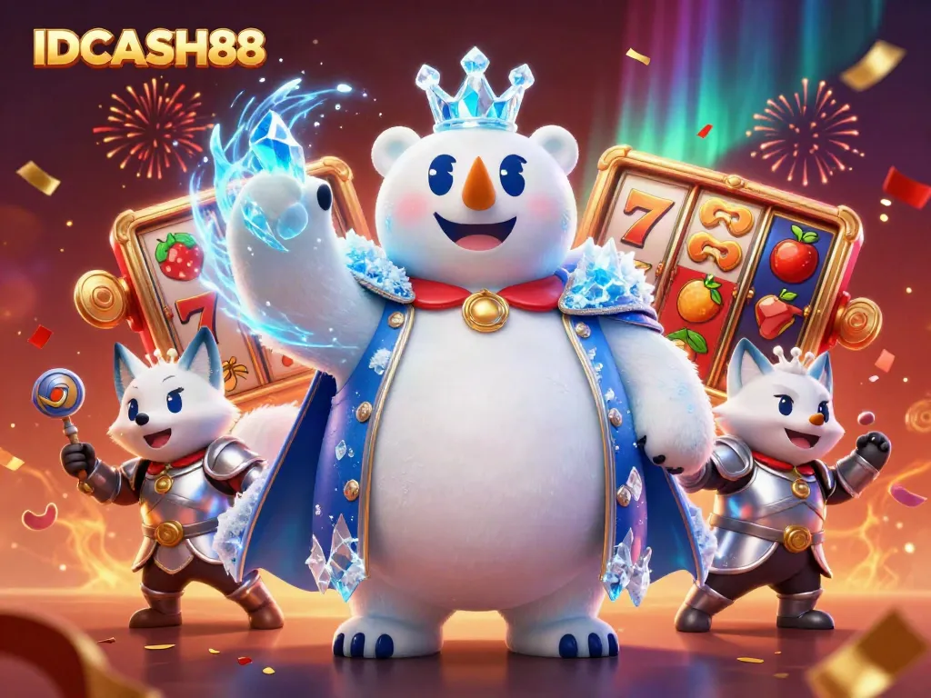 Experience the excitement of IDCASH88 with a vibrant casino adventure featuring a polar bear king and snow fox amidst dynamic game elements.