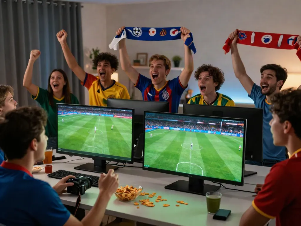 Excited fans watching live football match on https://cakhiatv.team/ enjoying lively atmosphere with team jerseys.