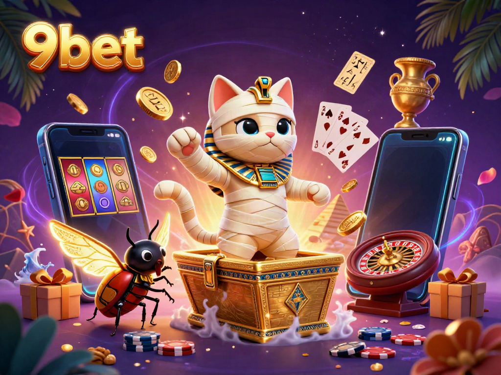 Engage with 9bet's thrilling gaming experience featuring vibrant 3D characters and casino elements.