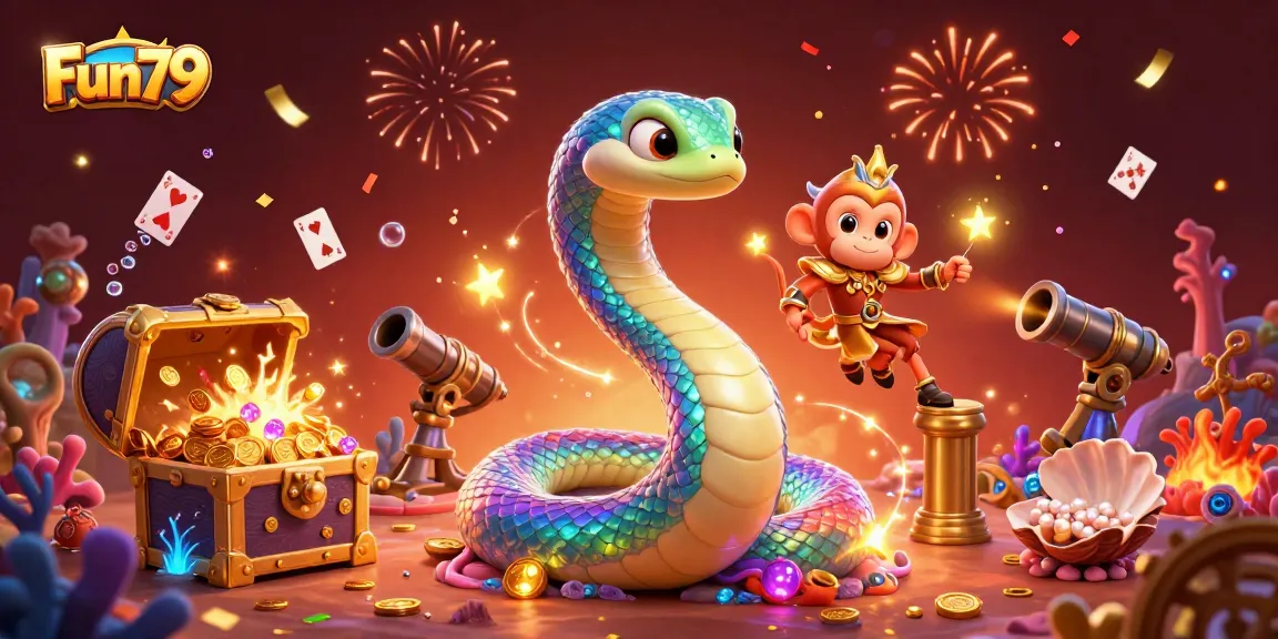 Win big at Fun79 while exploring treasures with a vibrant serpent and playful monkey king.