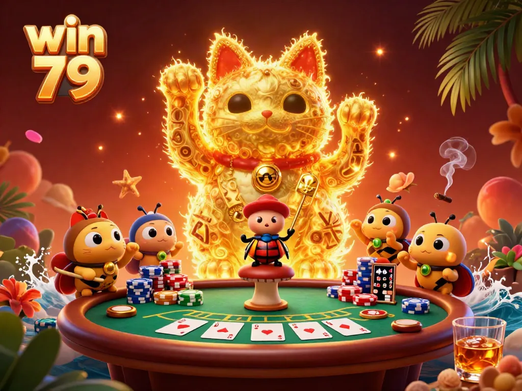 Experience high-energy action with win 79, depicted through colorful fireflies forming a lucky cat amidst rich casino elements.