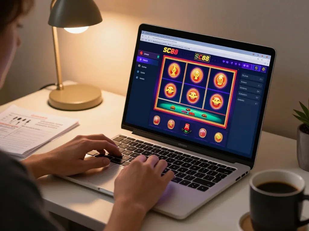 Engaging in SC88 online casino gameplay, showing a laptop interface and strategic notes.