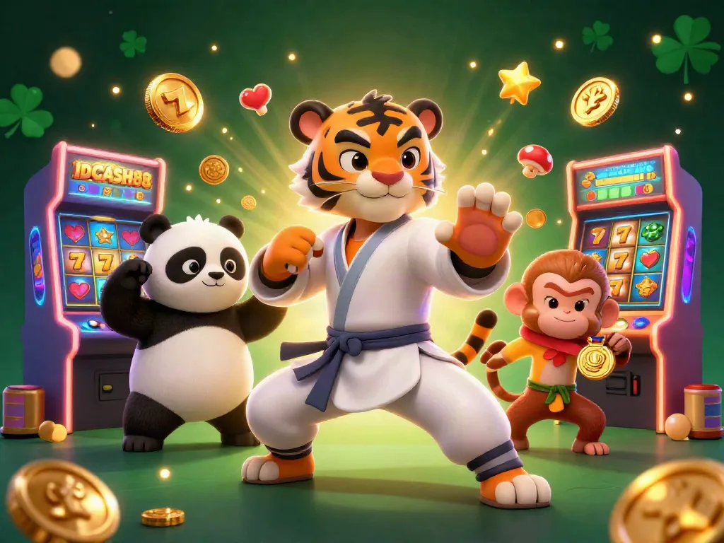 Engage with IDCASH88 in this vibrant cartoon casino scene featuring playful characters.