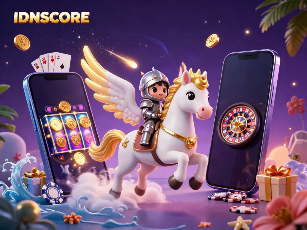 IDNSCORE transforms the gaming scene with vibrant slots and an adventurous knight on a celestial horse.