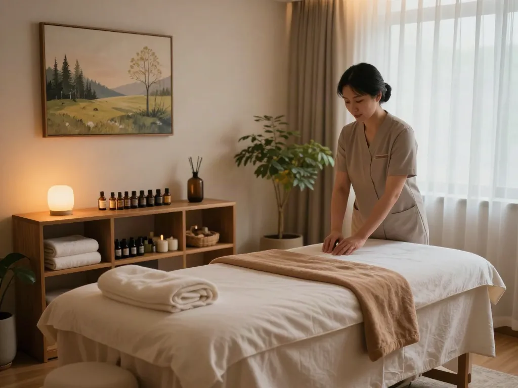 Calm massage therapy environment showcasing 부천출장안마 with essential oils and soothing decor.