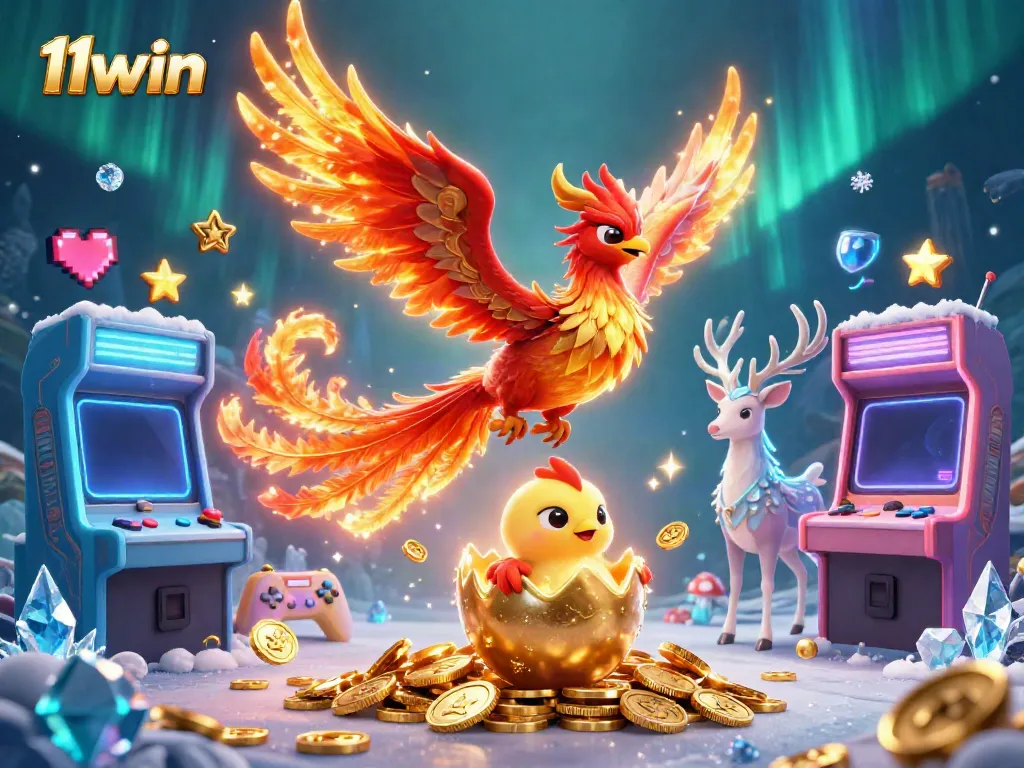 Engage with 11win's vibrant gaming scene showcasing a legendary phoenix and mystical stag amidst colorful gaming elements.