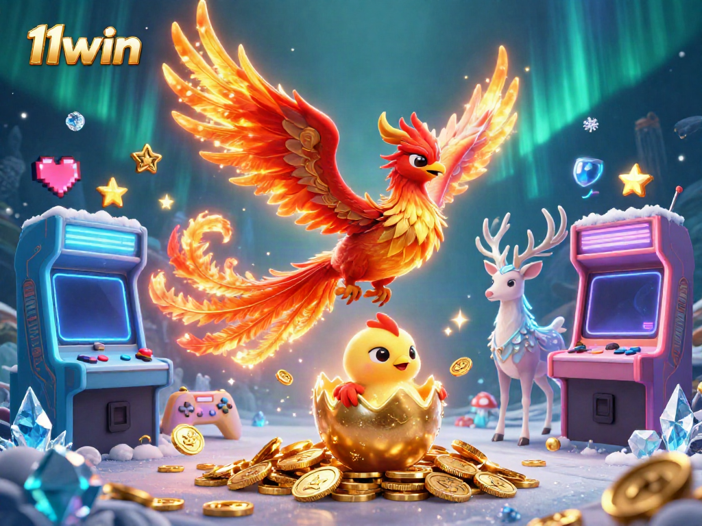 Engage with 11win's vibrant gaming scene showcasing a legendary phoenix and mystical stag amidst colorful gaming elements.