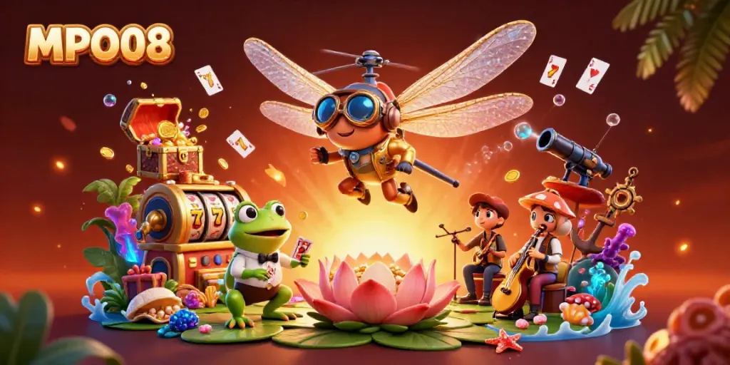 MPO08 showcases vibrant casino action with a helicopter pilot, frog croupier, and music band in an underwater scene.