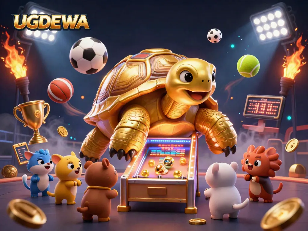 Engage with UGDEWA through this 3D illustration featuring a golden tortoise pinball machine and dynamic game elements.
