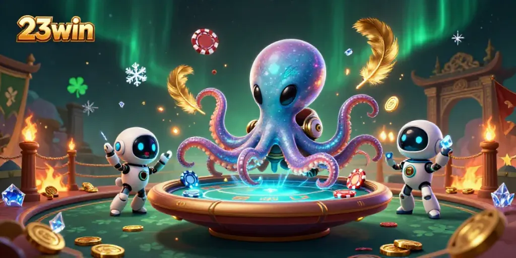 Watching the alien octopus deal at a poker table with asteroid chips in a vibrant casino scene, 23win.