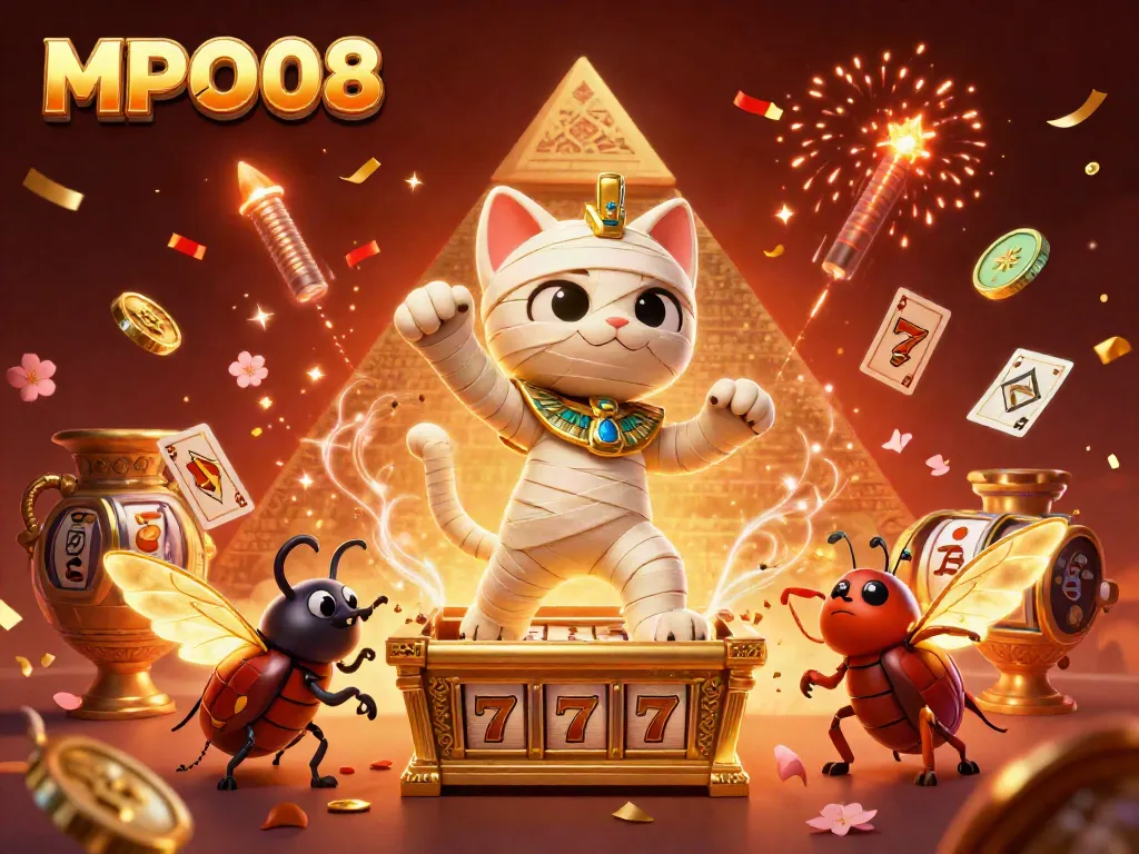 MPO08 cat and scarab beetle celebrating with slot reels, confetti, and fireworks in a dynamic casino scene.