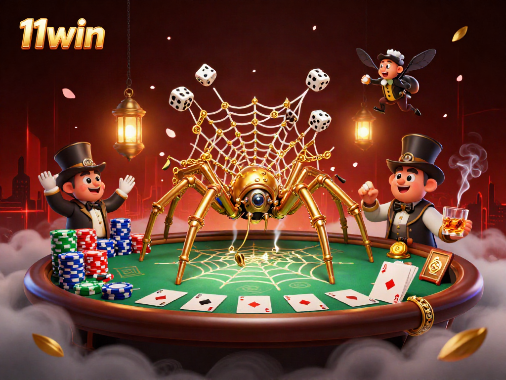 11win visualizes engaging gameplay with a steampunk spider in a casino scene, highlighting top gambling elements.