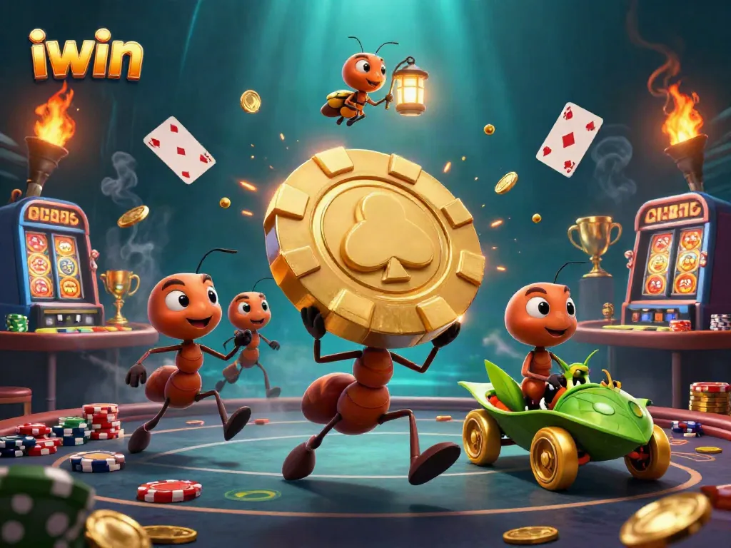 Join the iwin team of clever ants in a casino heist, showcasing exciting poker elements and vibrant details.