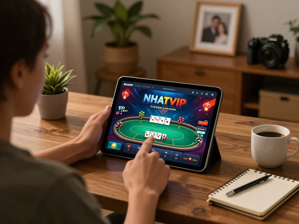 Player enjoying NHATVIP poker game on tablet in cozy home setting, emphasizing strategic gameplay