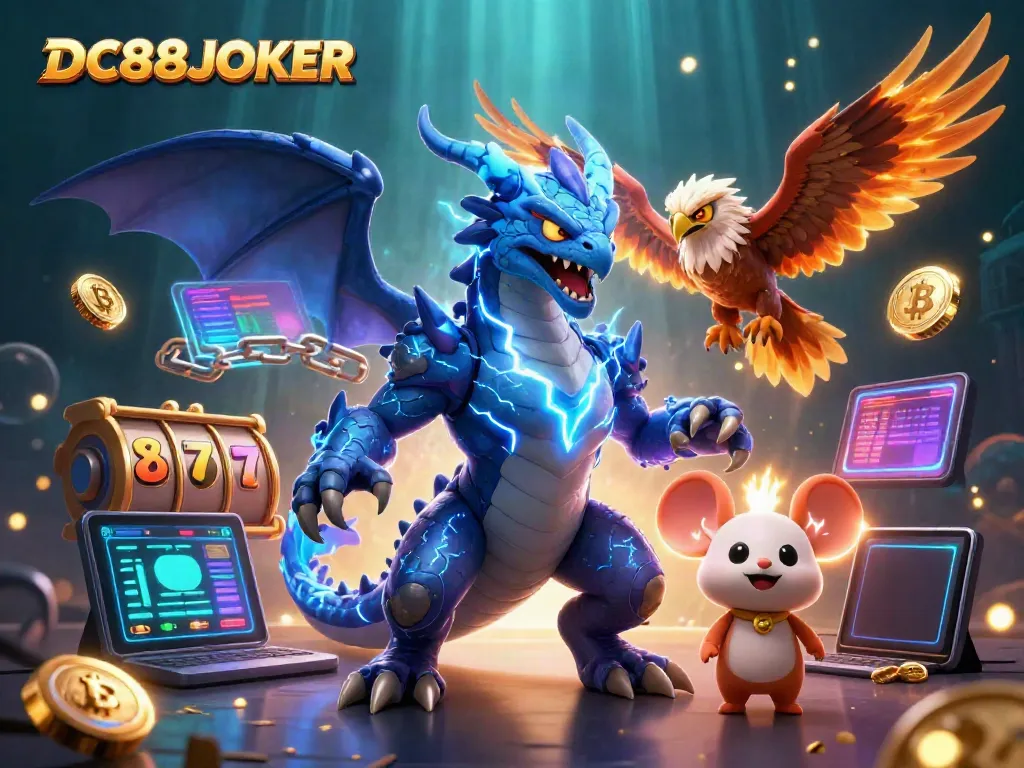 Engage with the vibrant DC88JOKER gaming scene featuring a thunder dragon and cryptocurrency elements.