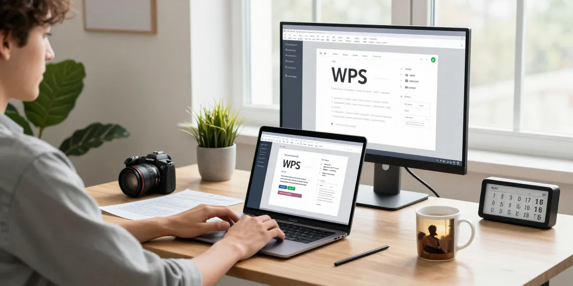 Downloading WPS Office on a modern laptop in a stylish home office workspace.