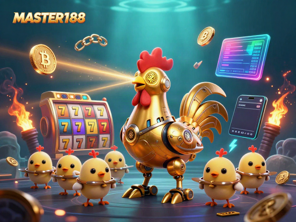 Experience the thrill of MASTER188 with a dynamic illustration of a golden rooster robot surrounded by slot reels and cryptocurrency elements.