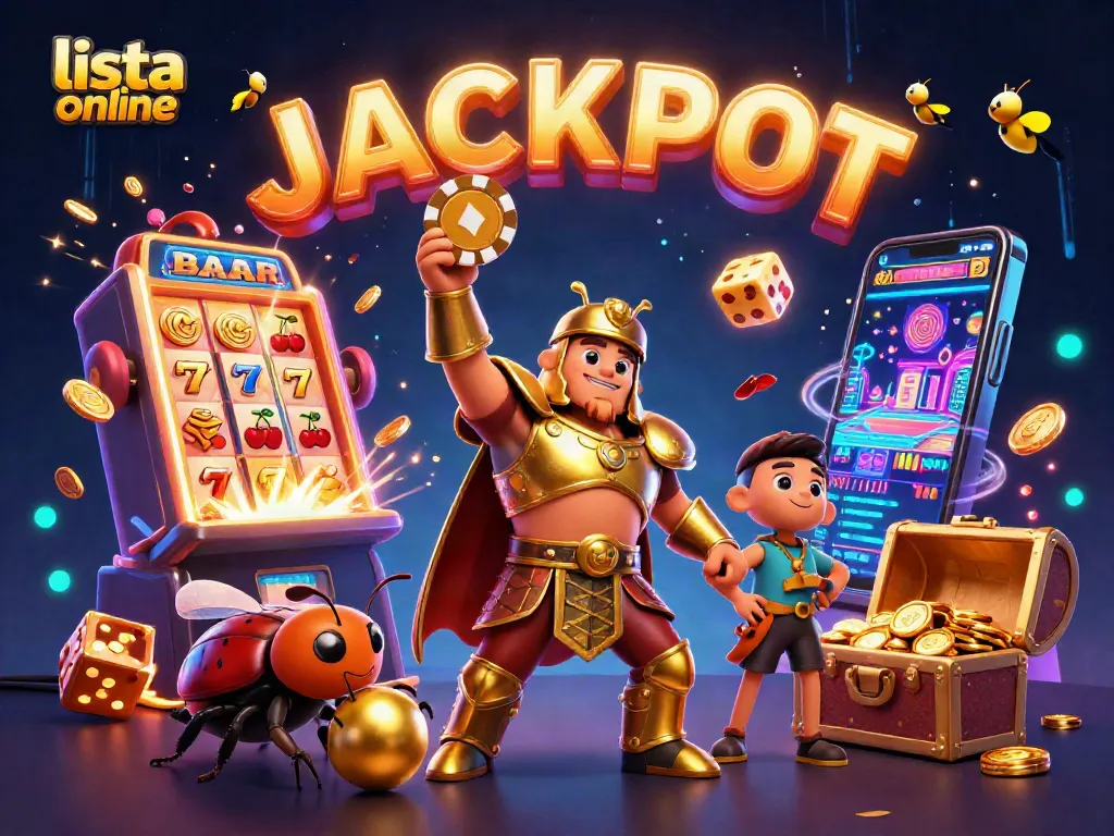 Disfruta de la lista de casinos online con el héroe escarabajo en armadura dorada levantando fichas de póker.