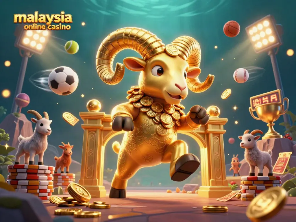 Engage in thrilling gameplay at a malaysia online casino with dynamic action featuring a golden ram and sports elements.