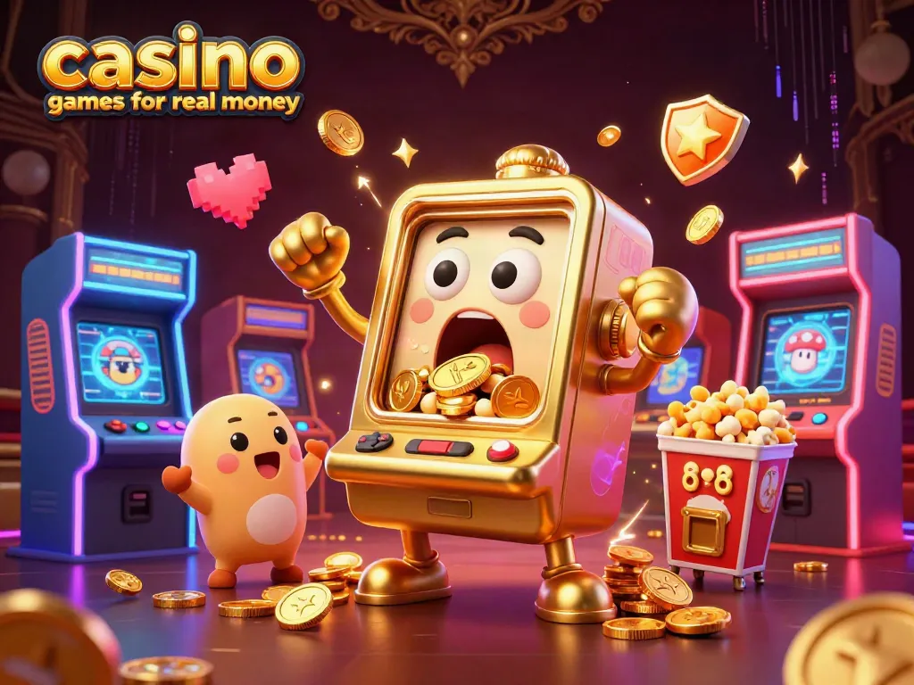 Experience thrilling casino games for real money with a lively golden slot machine hitting a jackpot surrounded by cheering mini-slots.