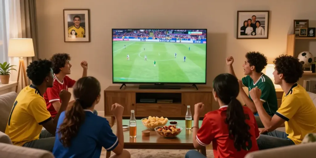 Fans enjoying live sports at home via https://xoilactvlive.net/, featuring a cozy living room environment.