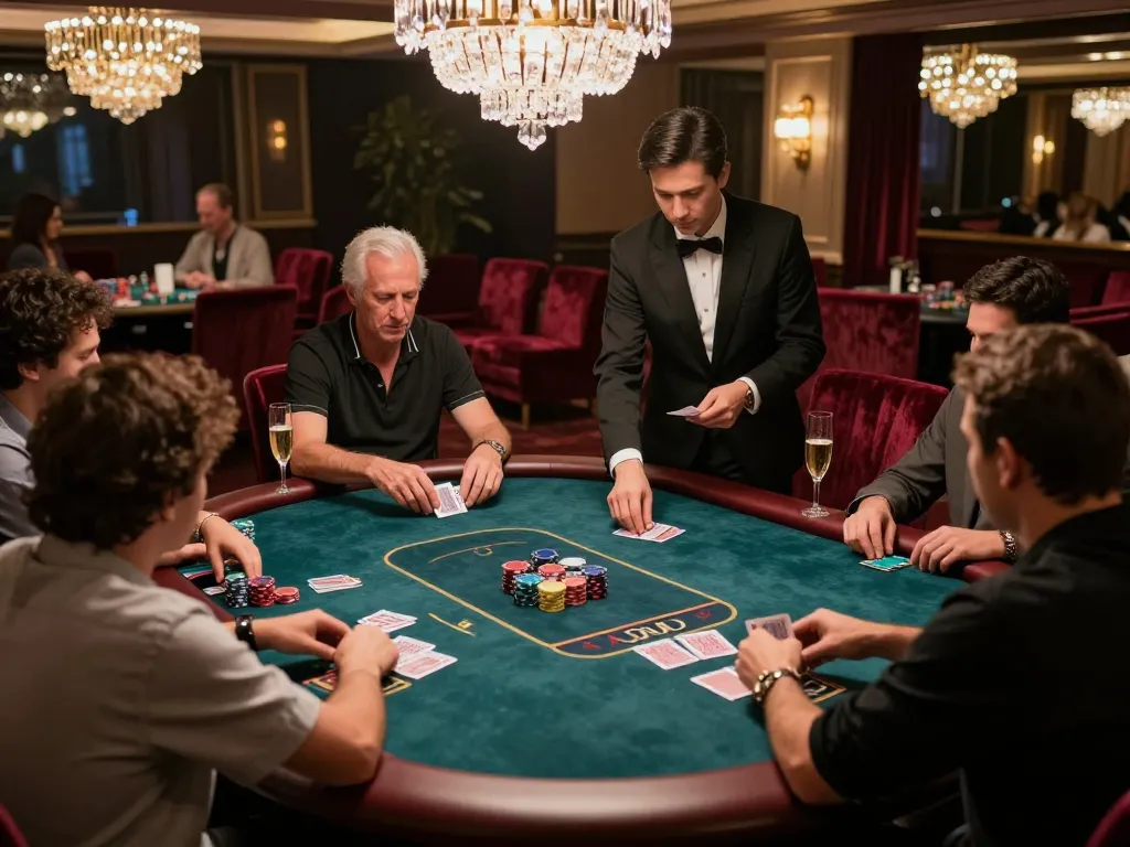 VIPWIN players enjoying high-stakes poker in an exclusive gaming area, highlighting luxury and strategy.