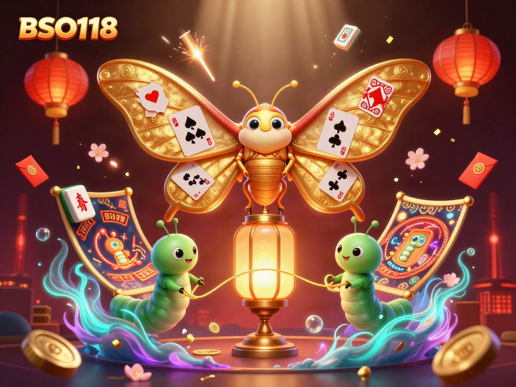 Experience the vibrant world of BSO118 gaming, featuring a golden atlas moth perched on a lantern amid floating casino elements.