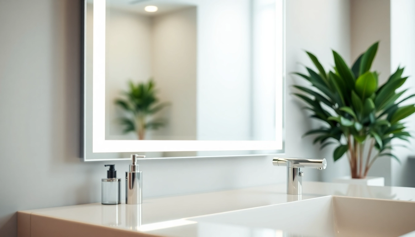 Showcase of a mirror and led lights in a chic bathroom setting, highlighting modern decor.