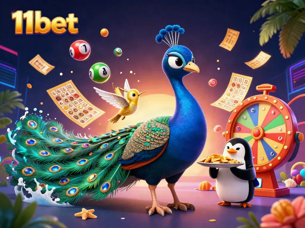 Experience the excitement of 11bet with a vibrant digital illustration featuring a peacock and casino elements.