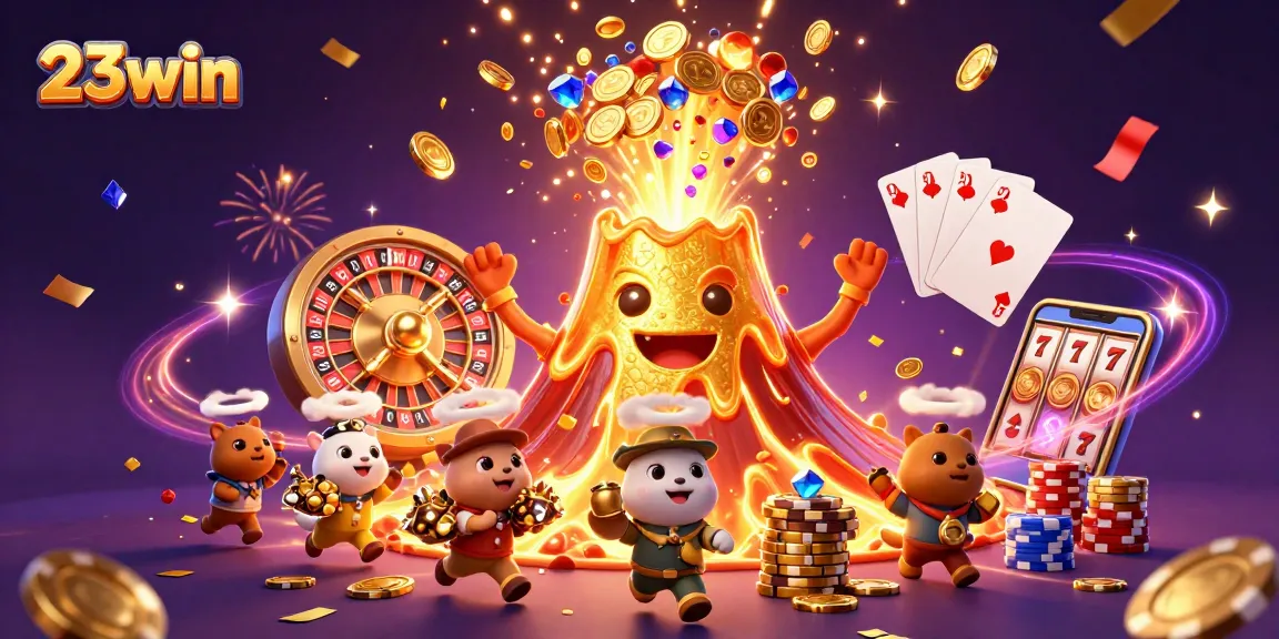 Engage with 23win, as a golden volcano erupts treasures in a vibrant casino scene.